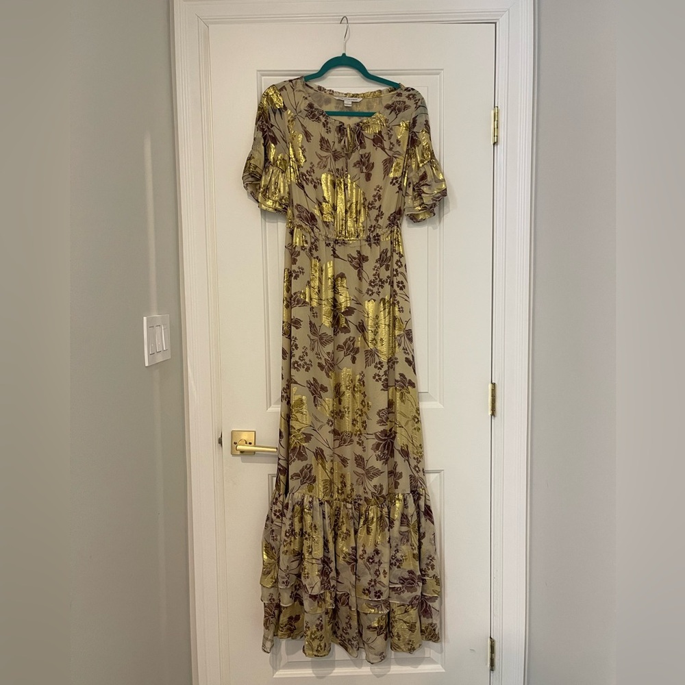 Diane von Furstenberg Jane Metallic Print Silk Chiffon Maxi Dress Size S